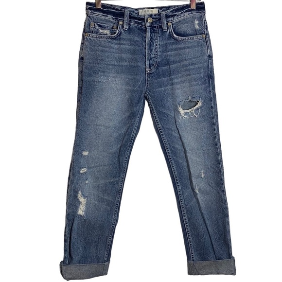We The Free Free People Medium Blue Wash Cropped Folded Hem Distressed Jeans 25 - Picture 1 of 16